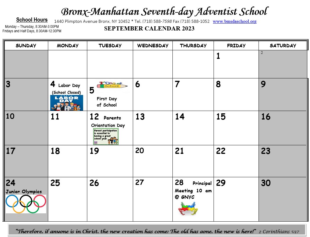 Calendar BronxManhattan SDA School Bronx NY